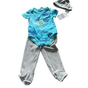 Nike baby boys 3 pc set Sz 9 months short sleeve bodysuit & footie pants NEW Blu